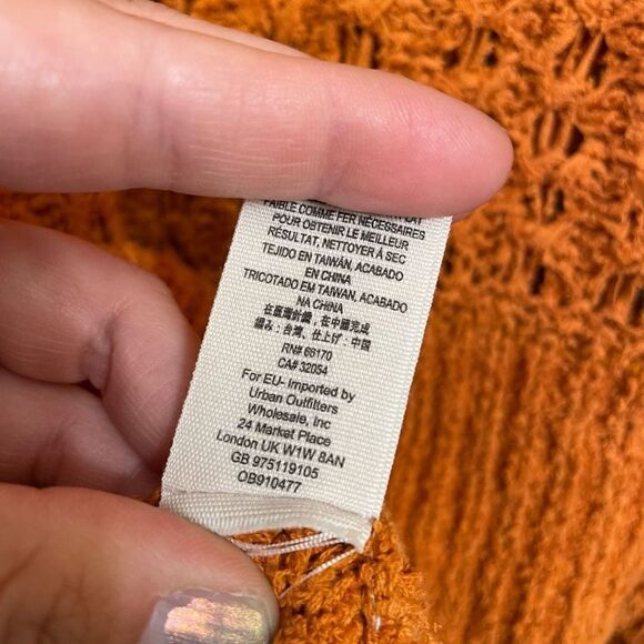 Free People Best Of You Sunset Orange Open Knit V Neck Sweater Medium - Picture 7 of 9